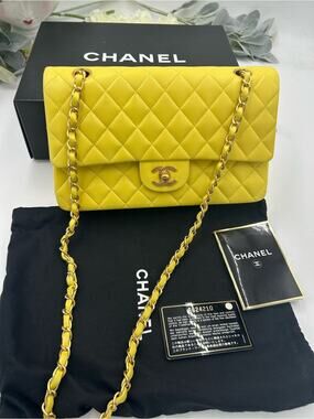 Women's Chanel Classic Quilted double Flap Bag in Yellow with Gold Hardware
